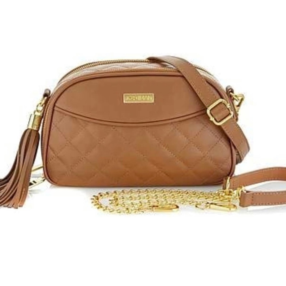 Joy & Iman, Diamond Quilted Genuine Leather Crossbody Bag with RFID in Cognac